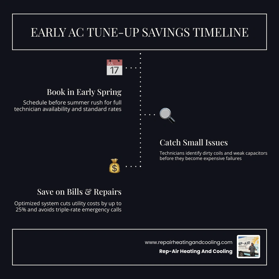 Infographic showing timeline of early spring AC maintenance benefits vs delayed summer service costs infographic Infographic showing timeline of early spring AC maintenance benefits vs delayed summer service costs infographic