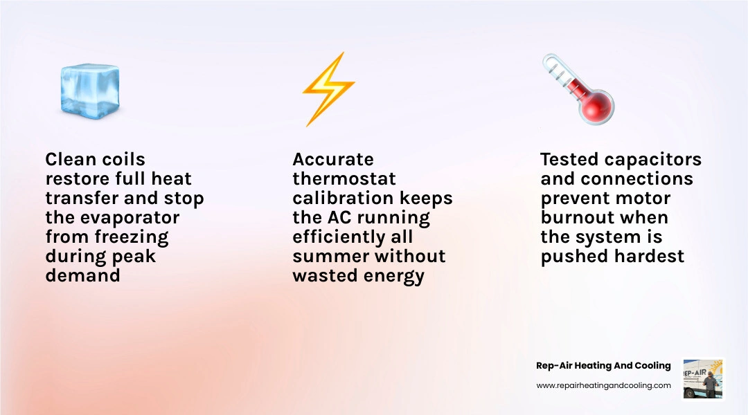 Infographic showing 6 ways a pre-season AC tune-up prevents mid-summer failures with icons and stats infographic