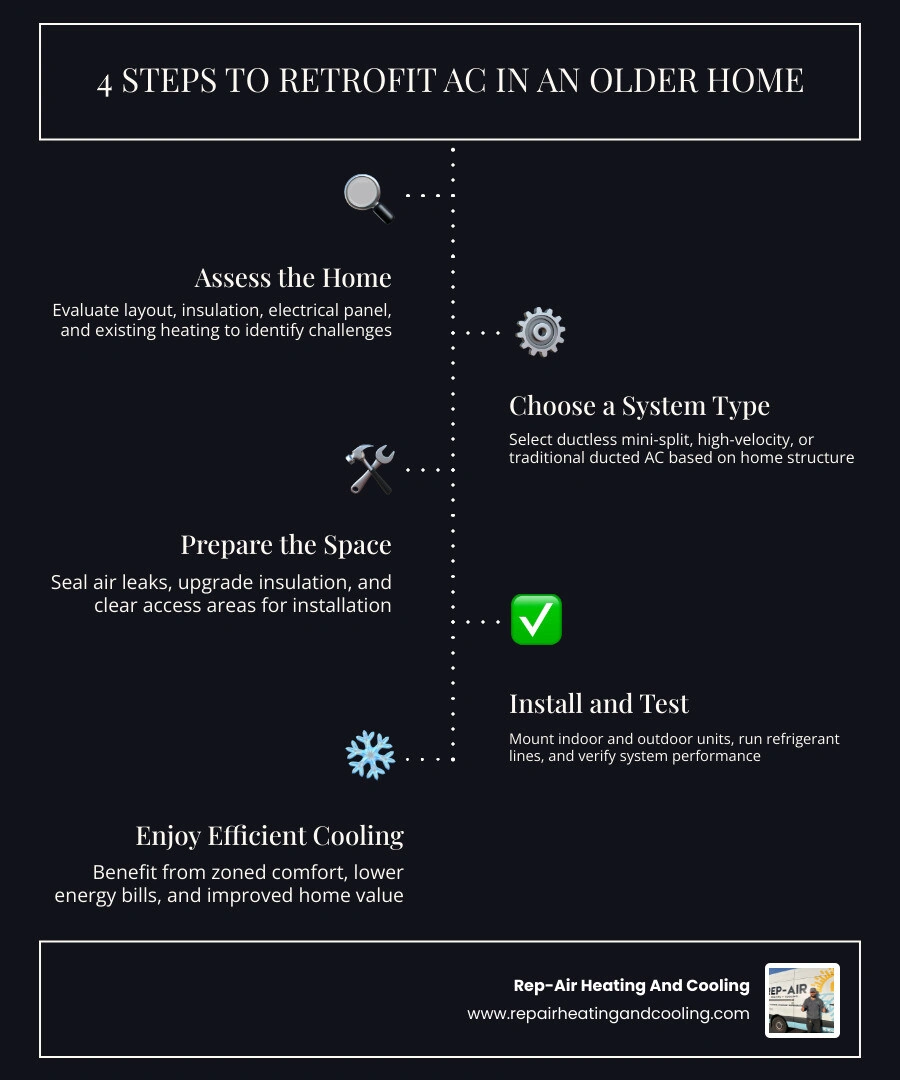 Infographic showing 4 steps to retrofit AC in an older home: assess the home, choose a system type, prepare the space, and Infographic showing 4 steps to retrofit AC in an older home: assess the home, choose a system type, prepare the space, and