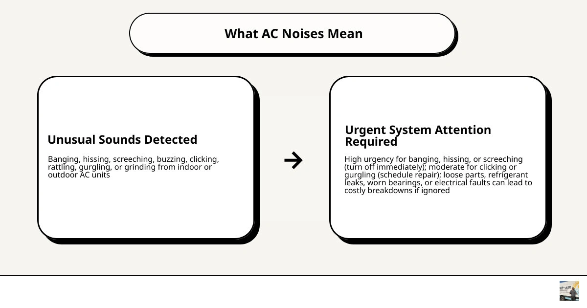Infographic showing common AC noise types, their causes, and urgency levels from low to emergency infographic