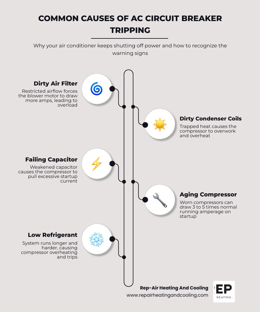 Infographic showing why an AC circuit breaker keeps tripping, listing causes from dirty filters to failing compressors and Infographic showing why an AC circuit breaker keeps tripping, listing causes from dirty filters to failing compressors and