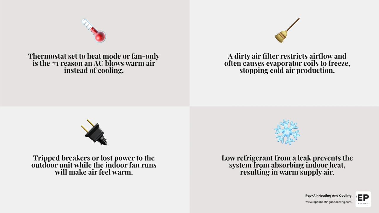 Infographic showing 7 common reasons an AC blows warm air and quick homeowner checks for each infographic Infographic showing 7 common reasons an AC blows warm air and quick homeowner checks for each infographic