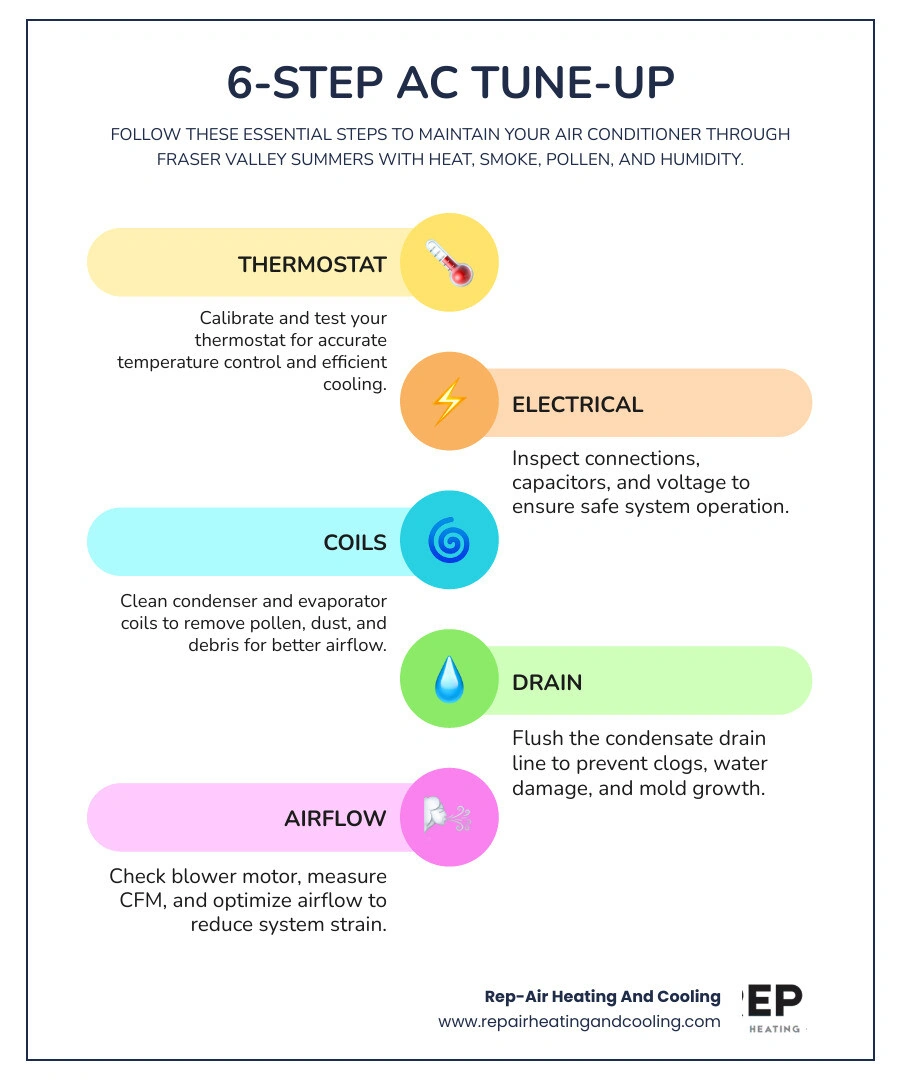 Infographic showing 6-step AC tune-up checklist and key benefits for Fraser Valley homeowners including energy savings and Infographic showing 6-step AC tune-up checklist and key benefits for Fraser Valley homeowners including energy savings and