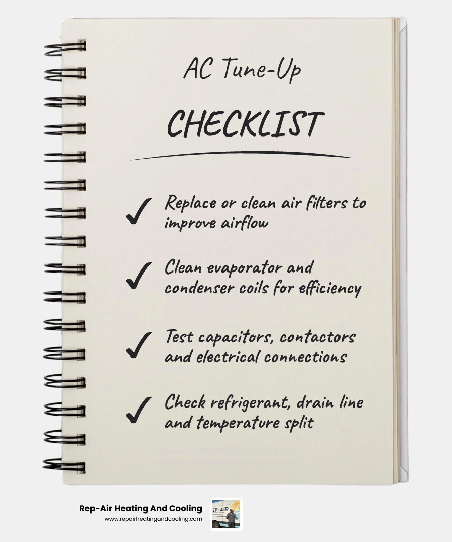 Infographic showing 12-point AC tune-up checklist with indoor, outdoor, electrical, and refrigerant checks infographic