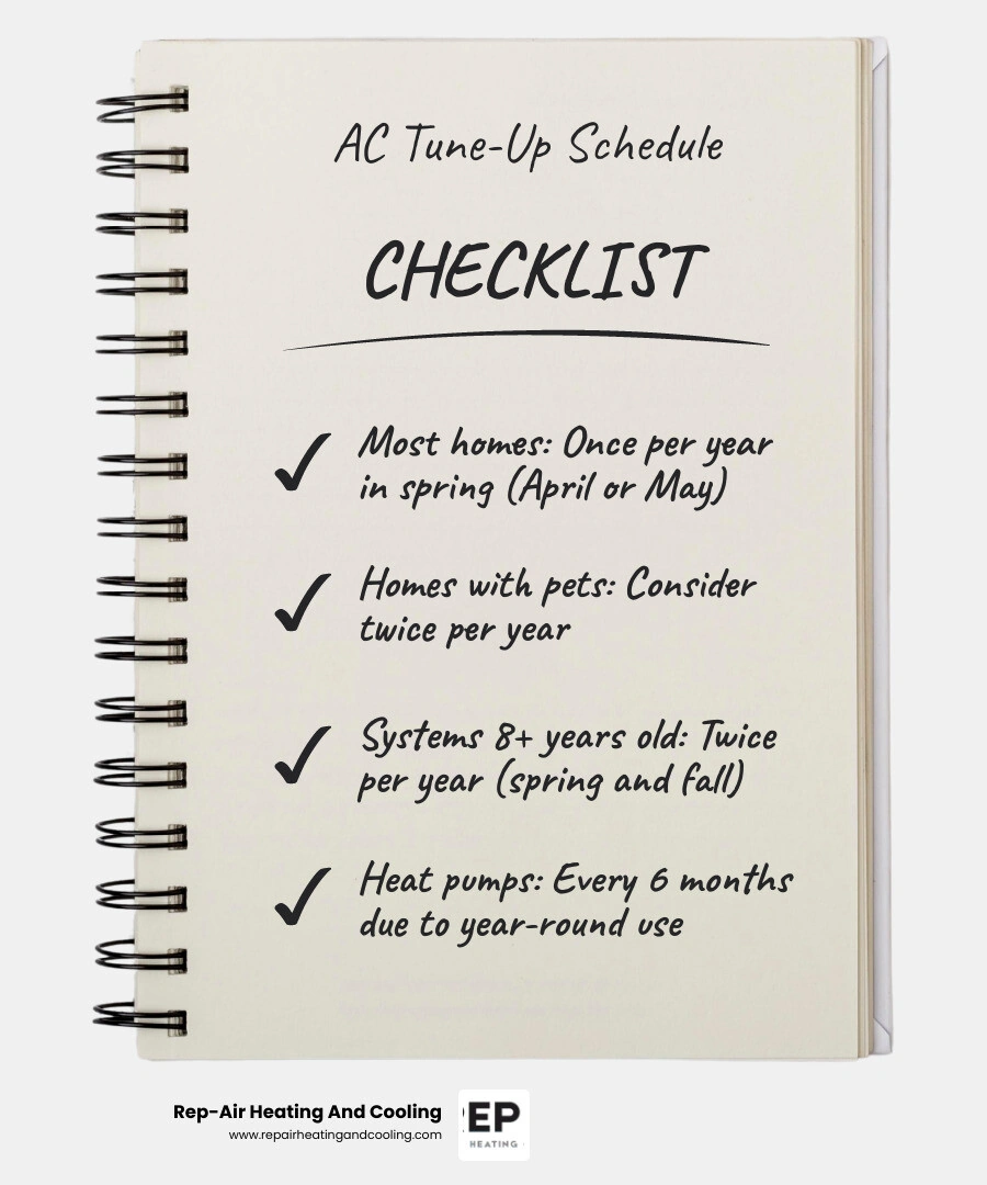 Infographic showing ideal AC tune-up schedule in BC by season, system age, and household type infographic