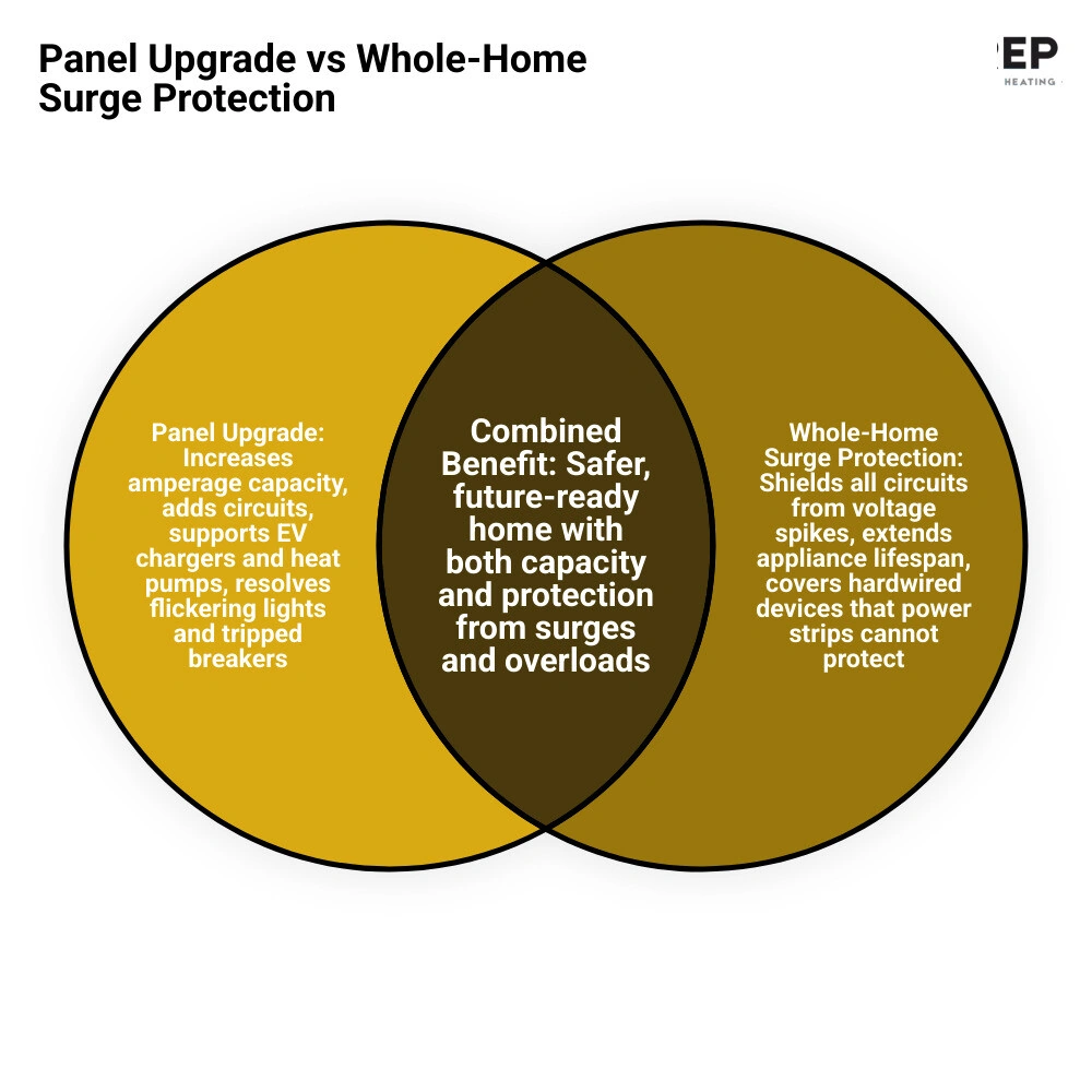 Infographic showing electrical panel upgrade vs whole home surge protection benefits and key facts infographic