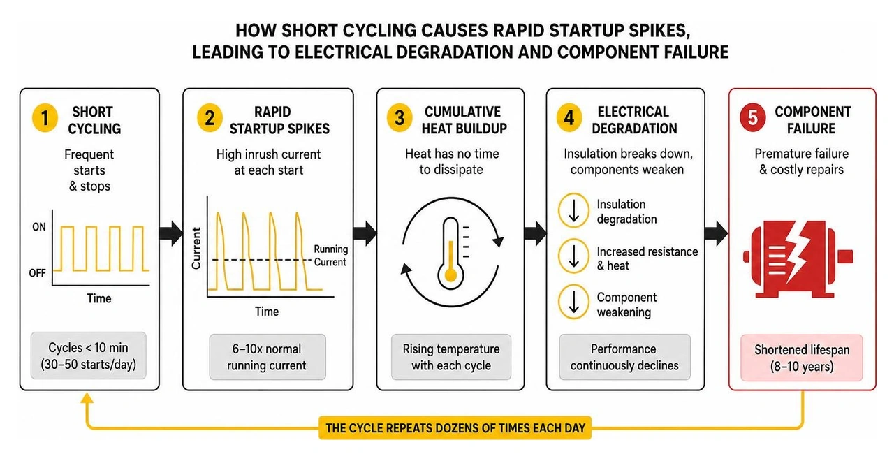 Diagram showing how short cycling causes rapid startup spikes, leading to electrical degradation and component failure Diagram showing how short cycling causes rapid startup spikes, leading to electrical degradation and component failure