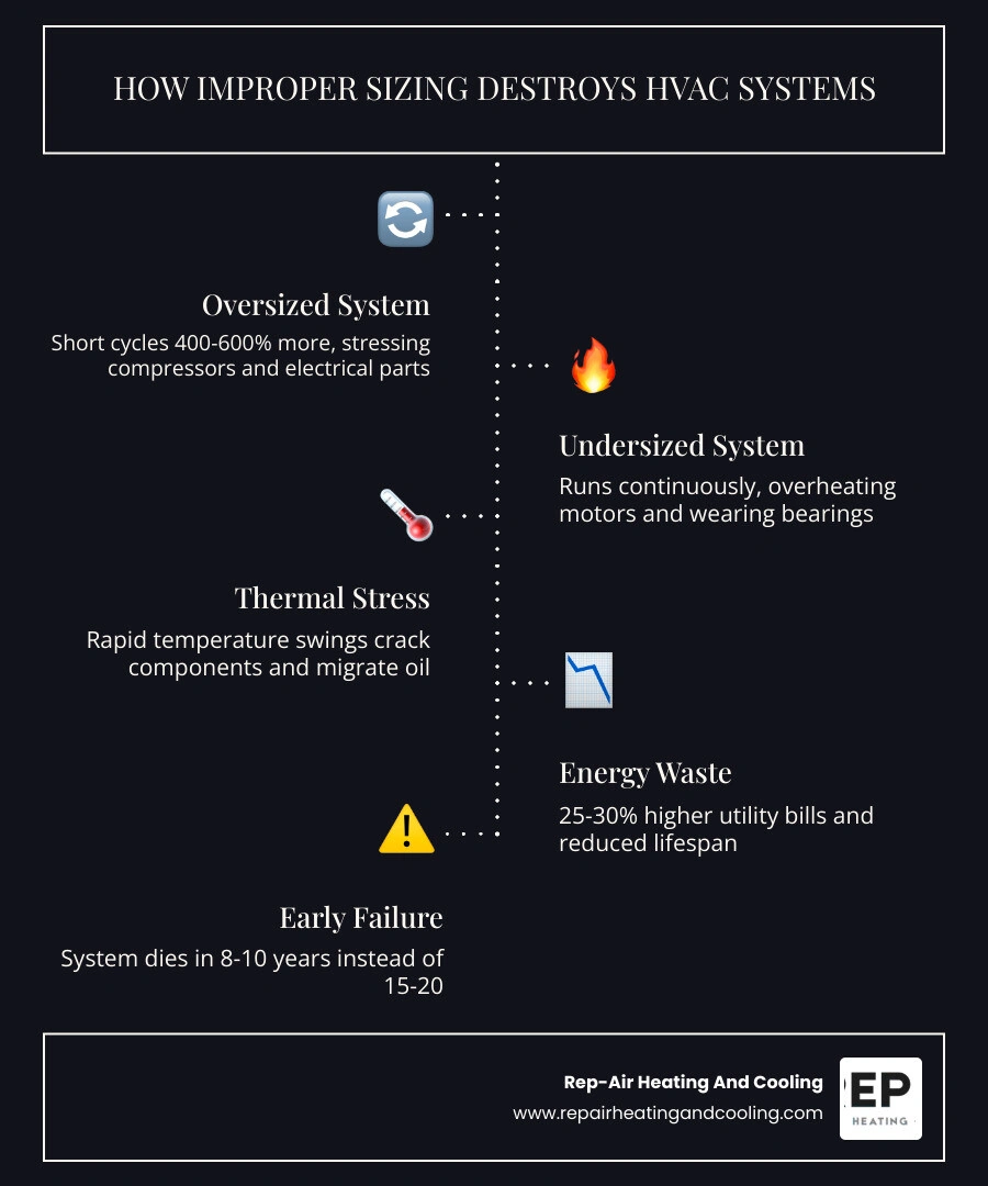 Infographic showing HVAC sizing errors, short cycling vs continuous operation, and resulting equipment lifespan reduction Infographic showing HVAC sizing errors, short cycling vs continuous operation, and resulting equipment lifespan reduction