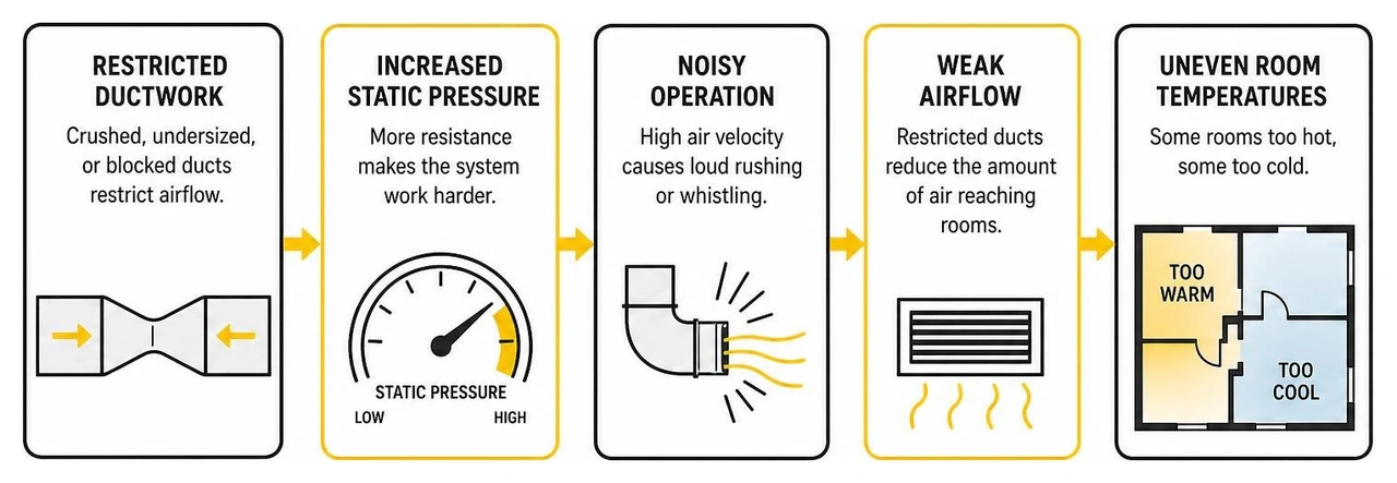 Diagram showing how restricted ductwork increases static pressure, causing noisy operation, weak airflow, and uneven room Diagram showing how restricted ductwork increases static pressure, causing noisy operation, weak airflow, and uneven room
