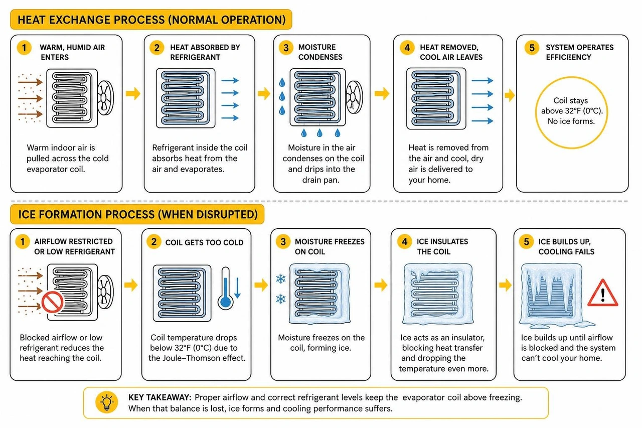 diagram showing the heat exchange process and how ice forms on the evaporator coil