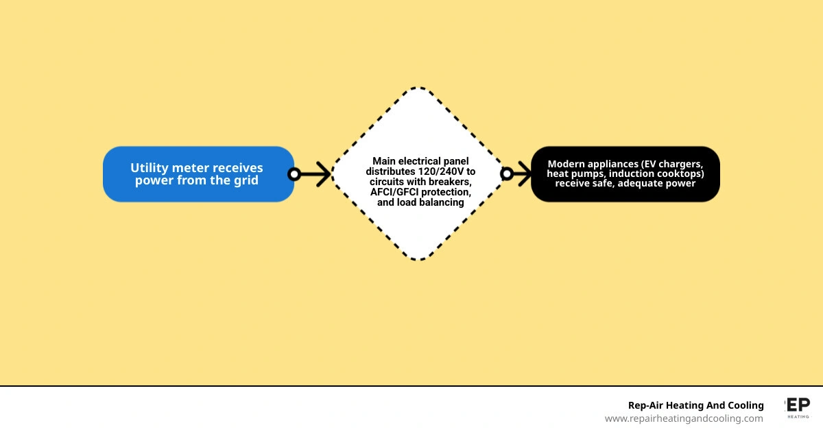 infographic showing home electrical flow from utility meter to panel to circuits to modern appliances with safety