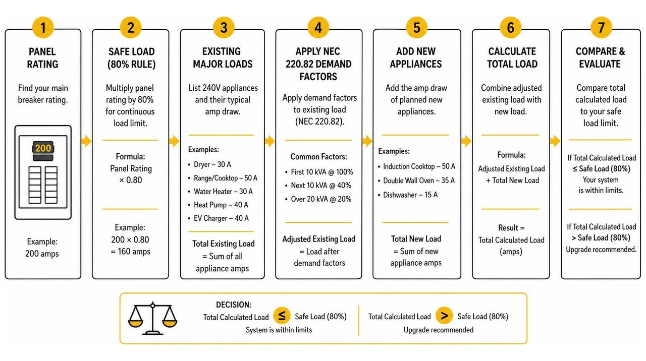 diagram showing the step-by-step process of calculating home electrical load using the NEC 220.82 method