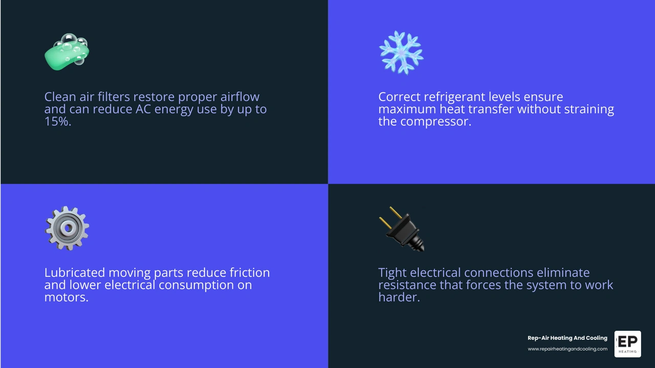 Infographic showing how each AC tune-up step restores efficiency and reduces energy bills infographic Infographic showing how each AC tune-up step restores efficiency and reduces energy bills infographic