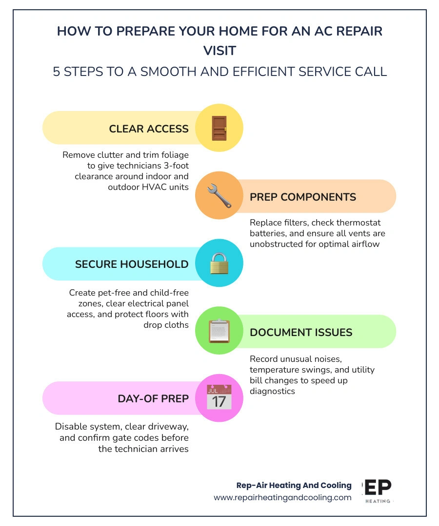 Infographic showing 6 steps to prepare your home for an AC repair visit with icons for each step infographic Infographic showing 6 steps to prepare your home for an AC repair visit with icons for each step infographic
