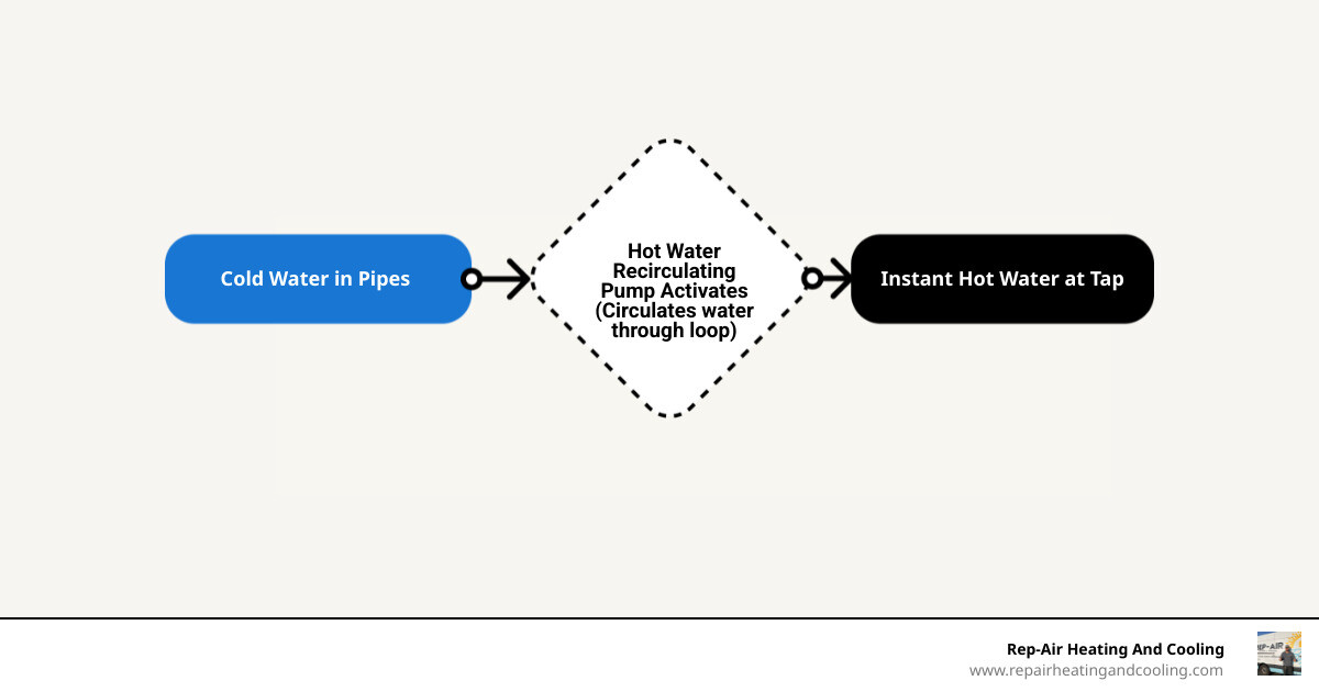 Diagram of hot water recirculation cycle showing pump, sensor valve, hot and cold lines, and water heater - hot water Diagram of hot water recirculation cycle showing pump, sensor valve, hot and cold lines, and water heater - hot water