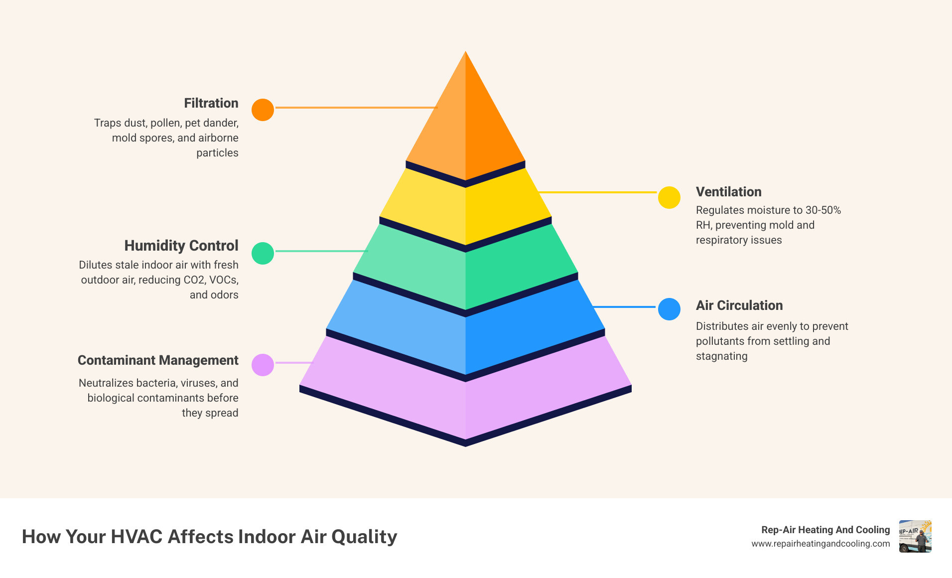 Infographic showing the cycle of air through a standard HVAC system and its impact on indoor air quality - how your hvac Infographic showing the cycle of air through a standard HVAC system and its impact on indoor air quality - how your hvac