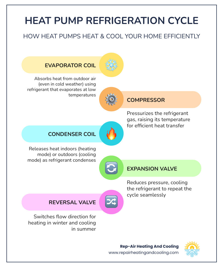 Heat pump refrigeration cycle infographic showing heating and cooling modes for homeowners - heat pump installation in alice