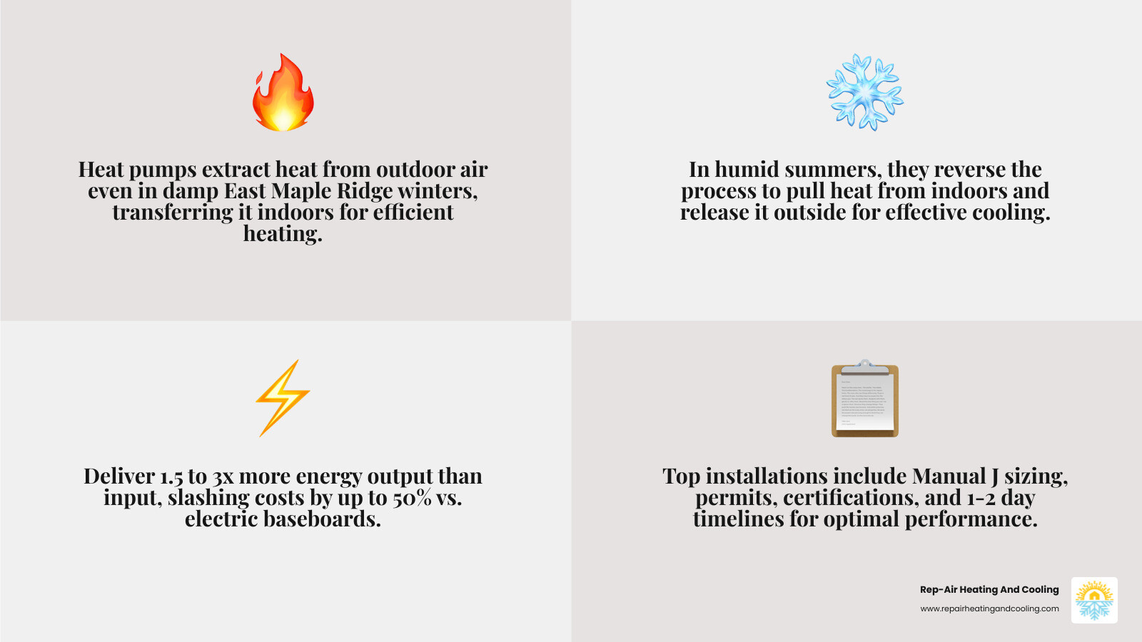 Infographic showing how heat pumps work in East Maple Ridge BC: a step-by-step diagram illustrating heat transfer from outdoor air to indoor spaces in winter, and reverse heat transfer for cooling in summer, with efficiency stats showing 1.5 to 3x energy output vs. input, climate icons for damp winters and humid summers, a checklist of top installer qualities including certification, load calculation, permits, and rebate assistance, and a timeline bar showing a typical 1 to 2 day installation process - best heat pump installation in East Maple Ridge, BC infographic 4_facts_emoji_grey