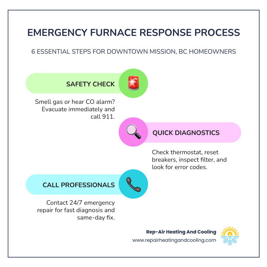 Infographic: 6-step emergency furnace response process for Downtown Mission, BC homeowners - emergency furnace repair in