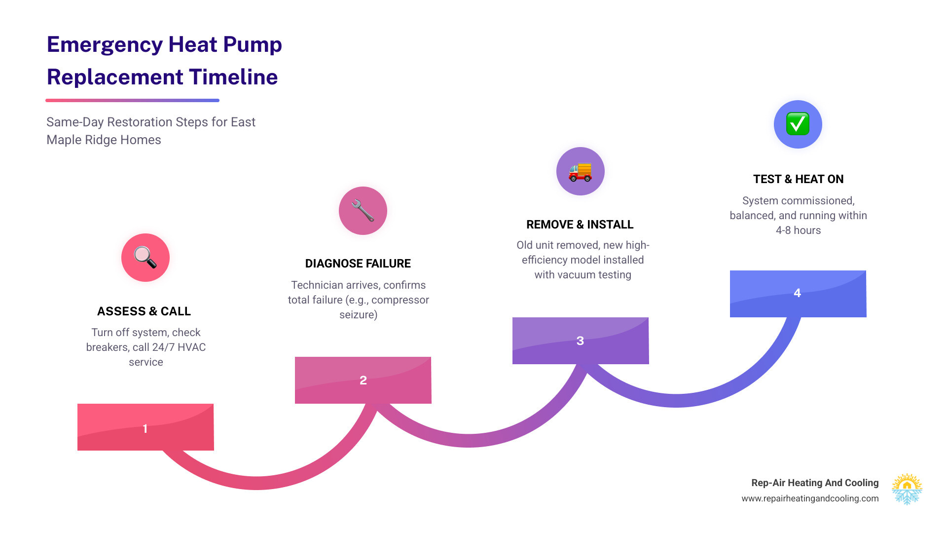 Emergency heat pump replacement timeline infographic for East Maple Ridge BC homeowners - emergency heat pump replacement in Emergency heat pump replacement timeline infographic for East Maple Ridge BC homeowners - emergency heat pump replacement in