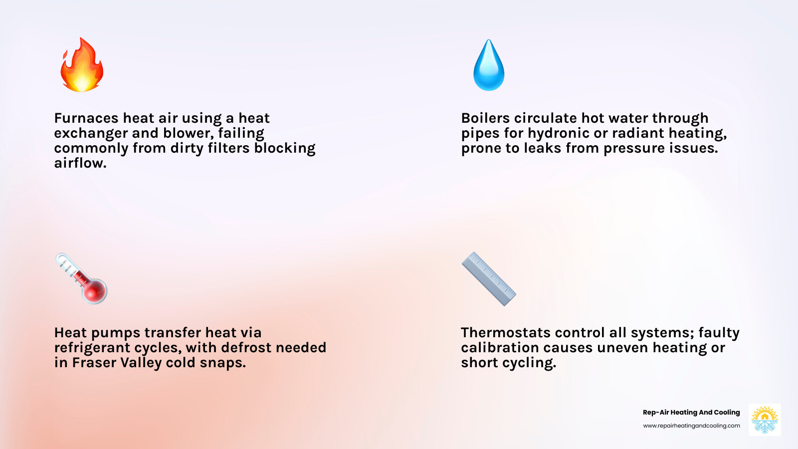 Infographic showing the common components of a BC home heating system including furnace, boiler, heat pump, hot water tank, thermostat, ductwork, and vents, with labels explaining each component's role and common failure points, set against a Fraser Valley winter home background with callouts for emergency service and maintenance tips - Heating Repair Services in East Maple Ridge, BC Infographic 4_facts_emoji_light-gradient
