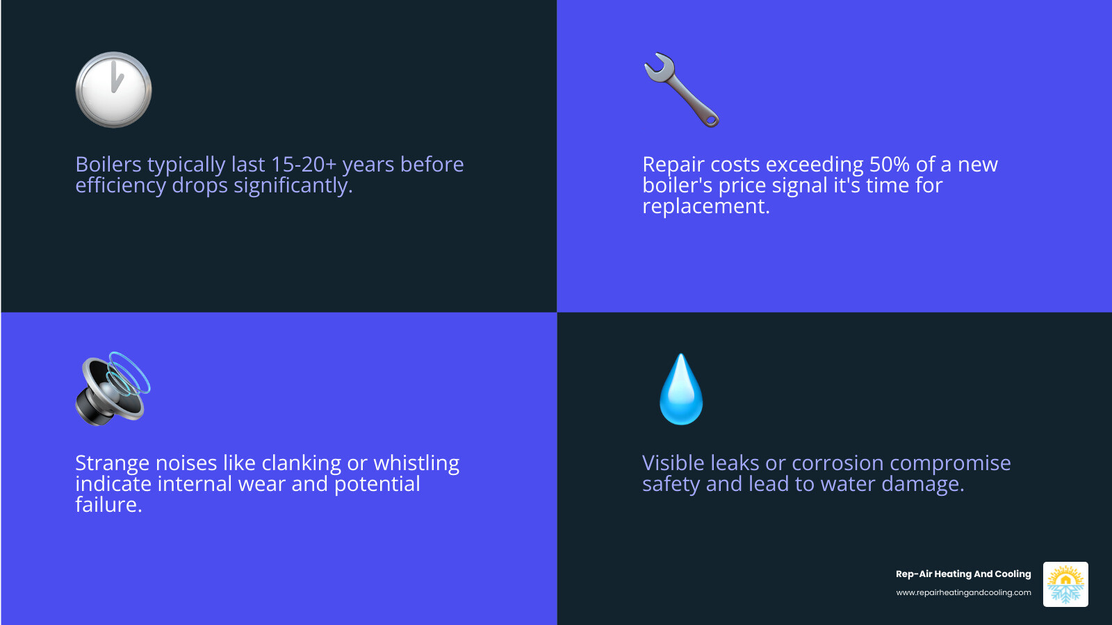 Infographic showing key signs your boiler needs replacement: age over 15 years, repair costs exceeding 50% of new unit price, frequent breakdowns, strange noises like clanking or whistling, yellow flickering pilot light, visible leaks or corrosion, rising energy bills, and inconsistent heating throughout the home - home boiler replacement in east maple ridge, bc infographic 4_facts_emoji_blue