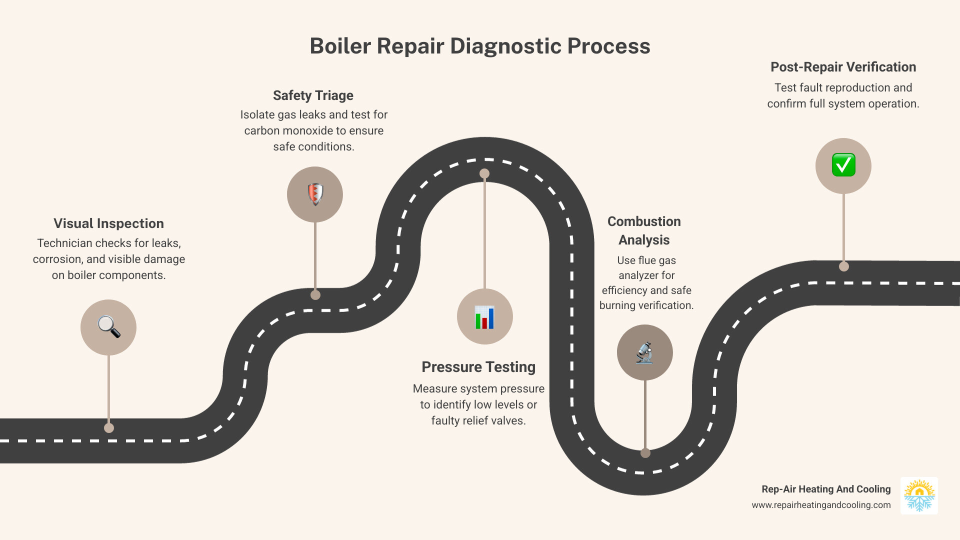 infographic showing boiler repair diagnostic process including visual inspection, safety triage, pressure testing, combustion analysis, component testing, fault reproduction, and post-repair verification with safety protocols - professional boiler repair in east maple ridge, bc infographic roadmap-5-steps