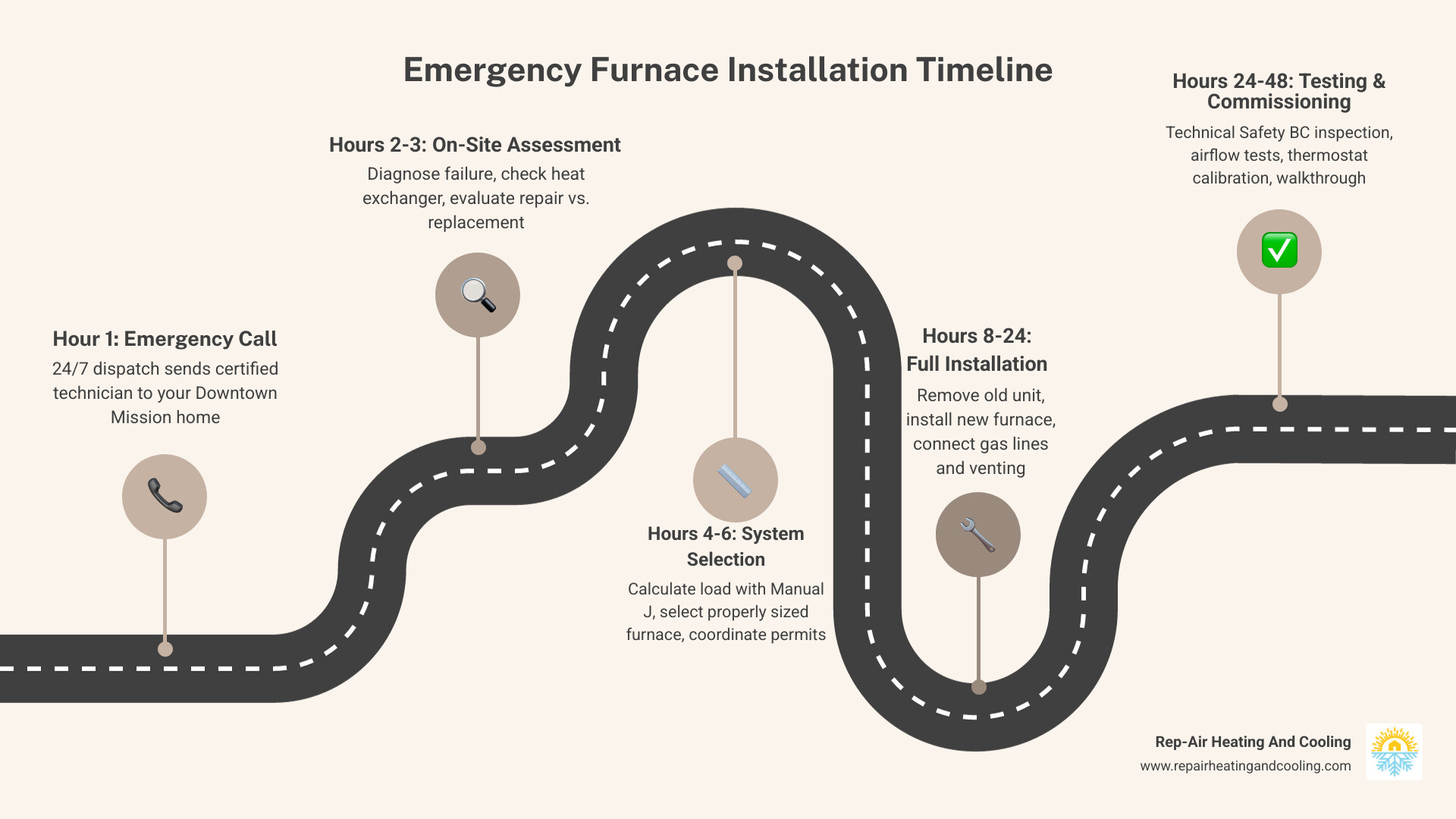 Infographic showing emergency furnace installation timeline: Hour 1 - Emergency call and dispatch, Hours 2-3 - On-site assessment and diagnosis, Hours 4-6 - System selection and permit coordination, Hours 8-24 - Old unit removal, new installation, gas line connection, venting setup, Hours 24-48 - Technical Safety BC inspection, commissioning, and testing - Emergency Furnace Installation in Downtown Mission, BC Infographic Roadmap-5-Steps