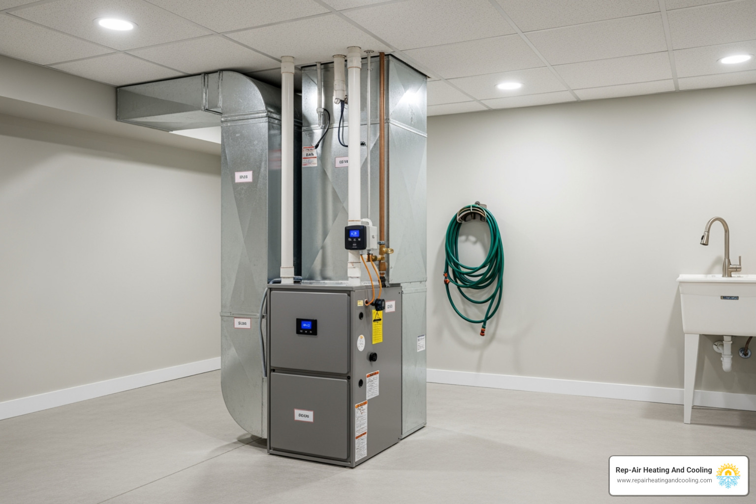 modern clean furnace in residential basement - furnace repair in Abbotsford, BC modern clean furnace in residential basement - furnace repair in Abbotsford, BC