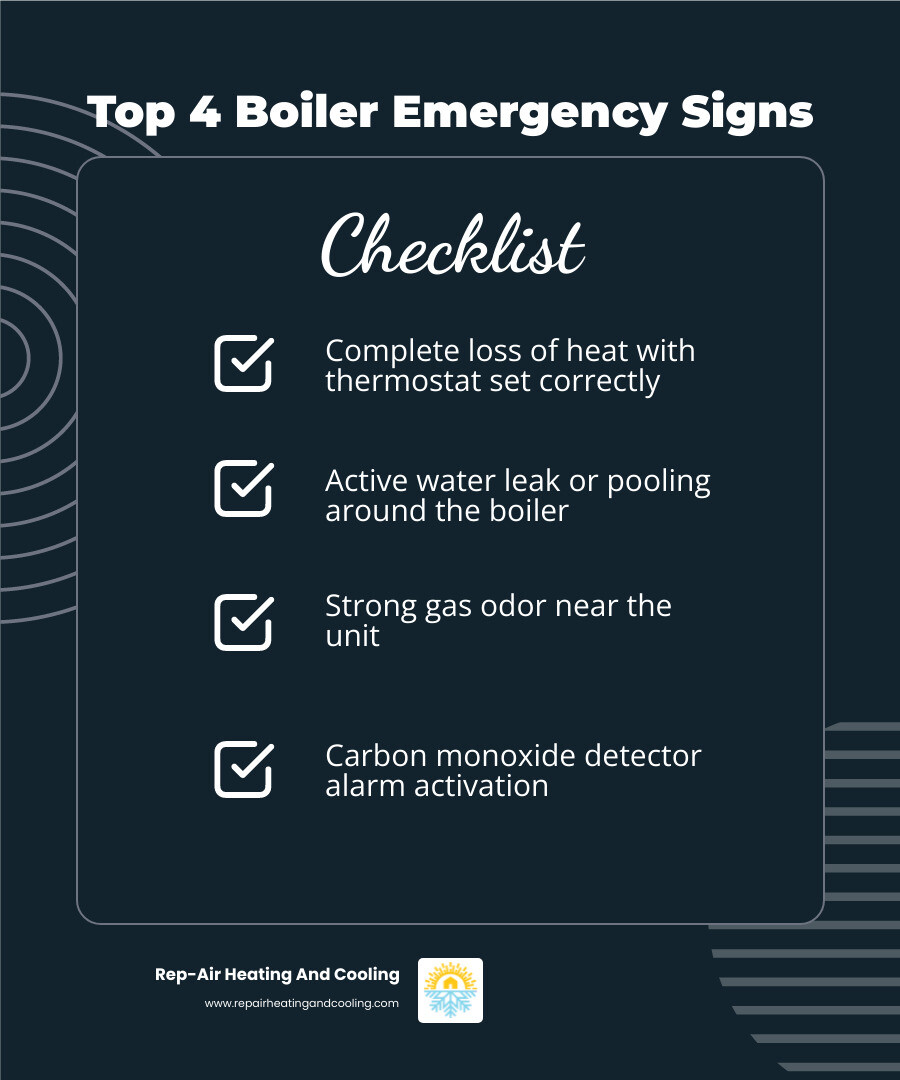 Infographic showing 5 critical boiler emergency signs: 1) Complete loss of heat with thermostat set correctly, 2) Active water leak or pooling around boiler, 3) Strong gas odor near the unit, 4) Carbon monoxide detector alarm, 5) Loud banging, whistling, or grinding noises. Each sign includes a red warning icon and immediate action step - 24 hour boiler service in Downtown Mission, BC infographic checklist-dark-blue Infographic showing 5 critical boiler emergency signs: 1) Complete loss of heat with thermostat set correctly, 2) Active water leak or pooling around boiler, 3) Strong gas odor near the unit, 4) Carbon monoxide detector alarm, 5) Loud banging, whistling, or grinding noises. Each sign includes a red warning icon and immediate action step - 24 hour boiler service in Downtown Mission, BC infographic checklist-dark-blue
