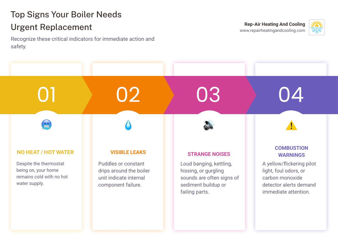 Infographic showing the top 5 signs a boiler needs immediate replacement: 1) Complete loss of heat or hot water despite thermostat being on, 2) Visible water leaks or pooling around the boiler unit, 3) Strange banging, kettling, or hissing noises from the system, 4) Yellow or flickering pilot light flame indicating in-complete combustion, 5) Repeated system lockouts or error codes with foul odours or carbon monoxide detector alerts - 24 hour boiler replacement in east maple ridge, bc infographic pillar-4-steps Infographic showing the top 5 signs a boiler needs immediate replacement: 1) Complete loss of heat or hot water despite thermostat being on, 2) Visible water leaks or pooling around the boiler unit, 3) Strange banging, kettling, or hissing noises from the system, 4) Yellow or flickering pilot light flame indicating in-complete combustion, 5) Repeated system lockouts or error codes with foul odours or carbon monoxide detector alerts - 24 hour boiler replacement in east maple ridge, bc infographic pillar-4-steps