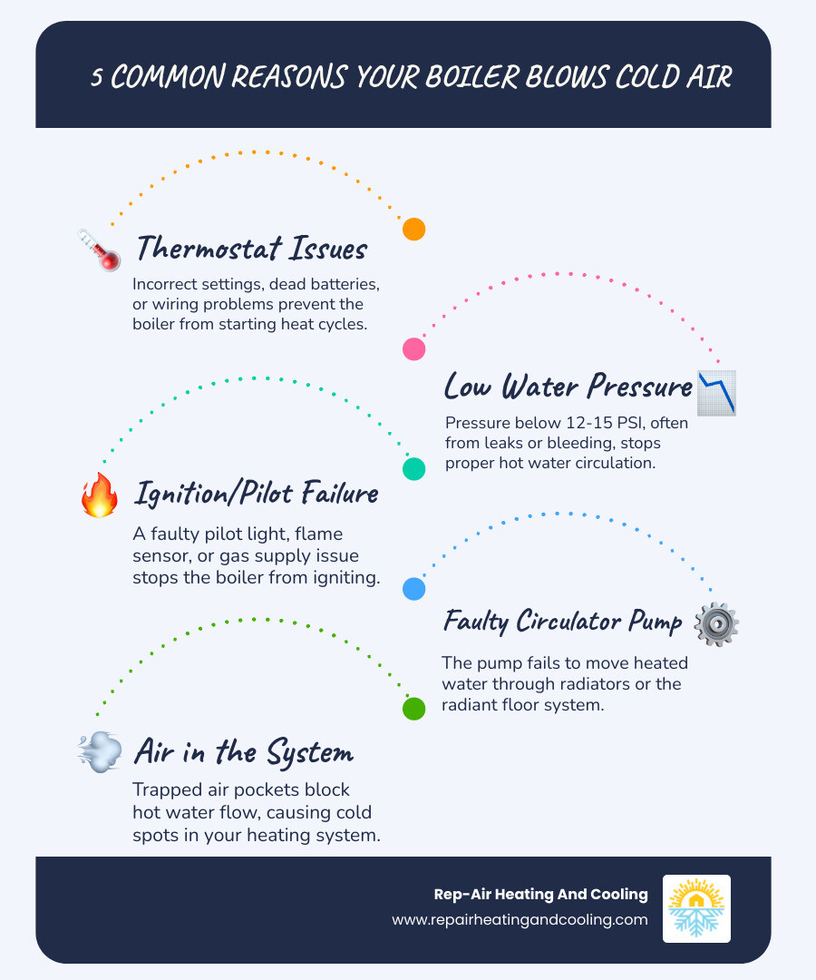 Infographic showing the five most common causes of a boiler blowing cold air: thermostat malfunction with incorrect settings, low water pressure gauge reading below 12 PSI, extinguished pilot light or failed ignition system, faulty circulator pump not moving water, and air trapped in radiators or pipes blocking circulation - boiler blowing cold air in Campbell Valley, BC infographic infographic-line-5-steps-blues-accent_colors Infographic showing the five most common causes of a boiler blowing cold air: thermostat malfunction with incorrect settings, low water pressure gauge reading below 12 PSI, extinguished pilot light or failed ignition system, faulty circulator pump not moving water, and air trapped in radiators or pipes blocking circulation - boiler blowing cold air in Campbell Valley, BC infographic infographic-line-5-steps-blues-accent_colors