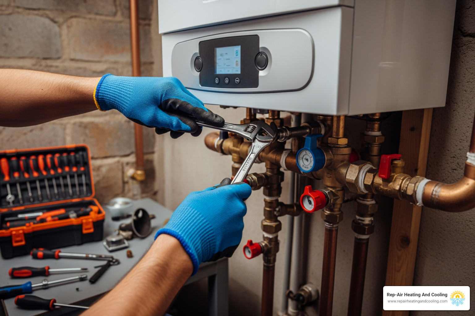 Infographic showing the main components of a home boiler system including the burner, heat exchanger, circulation pump, expansion tank, pressure relief valve, and thermostat controls, with arrows indicating water flow through the system for both heating radiators and providing hot water - boiler system components infographic