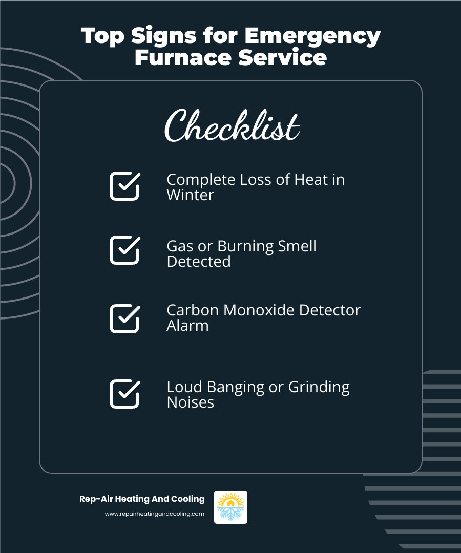 Infographic showing the top 5 signs you need emergency furnace help: 1. Complete loss of heat in winter 2. Gas or unusual burning smell 3. Carbon monoxide detector alarm 4. Loud banging or grinding noises 5. Water leaking around the unit - 24 hour furnace service in Maple Ridge, BC infographic checklist-dark-blue