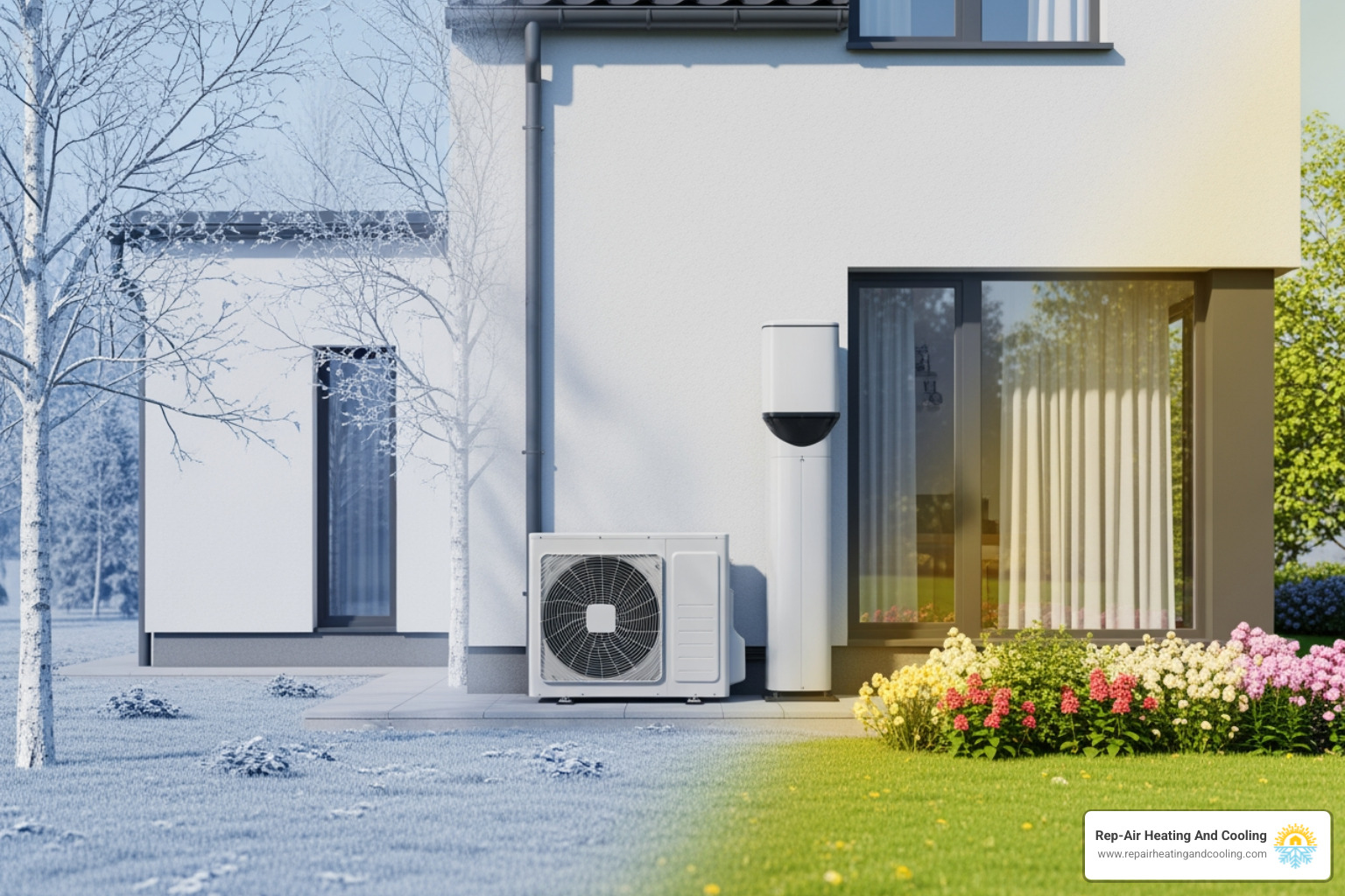 infographic showing heat pump operation in heating and cooling modes, with arrows indicating heat transfer from outdoor to indoor unit in winter and reverse in summer, including efficiency ratings and typical energy savings compared to traditional systems - heat pump installation in East Maple Ridge, BC