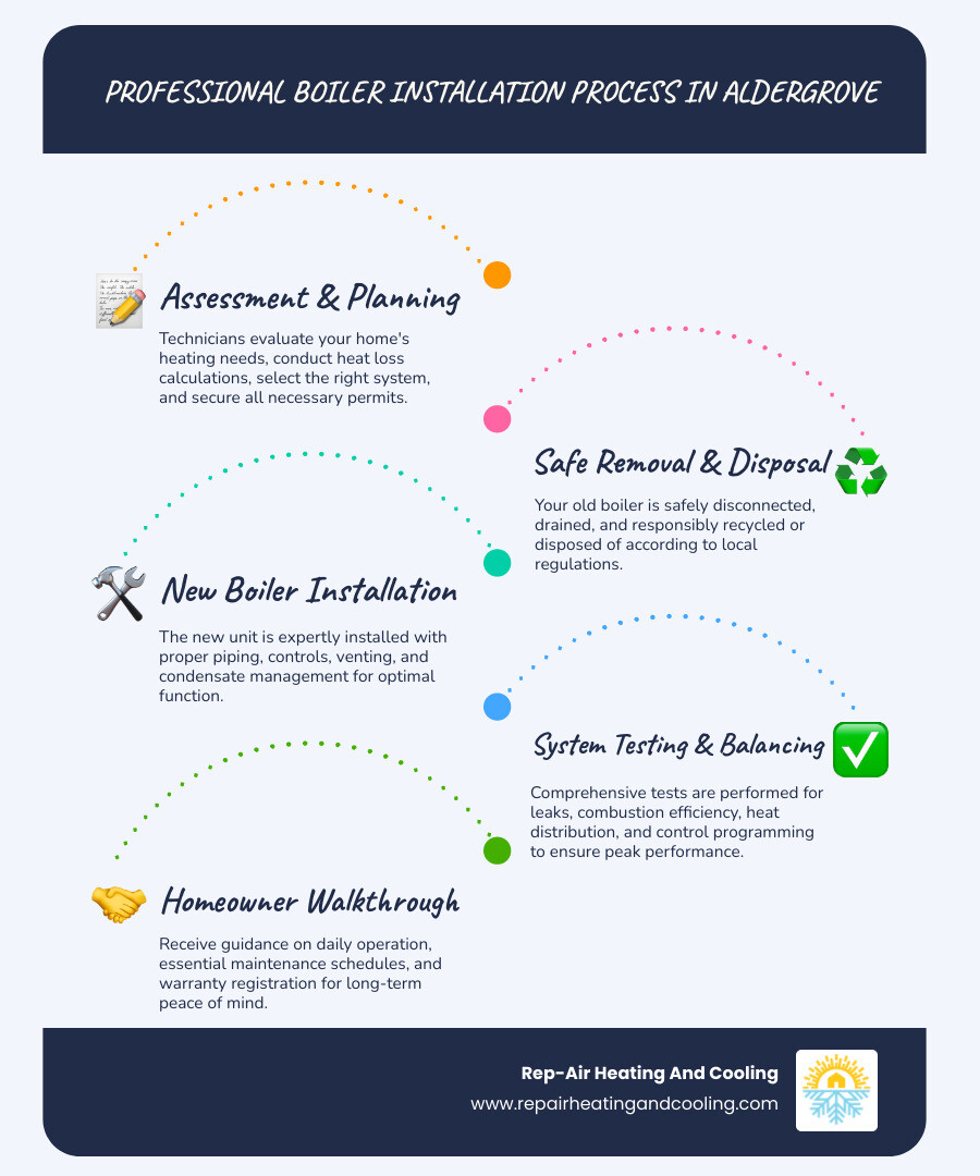 Infographic showing the 6-step professional boiler installation process in Aldergrove, BC: 1. Site Assessment with heat loss calculation and system inspection, 2. System Selection and local permitting through Technical Safety BC, 3. Safe removal and responsible disposal of old boiler, 4. New boiler installation with proper venting and condensate management, 5. Comprehensive system testing and heat distribution balancing, 6. Homeowner walkthrough covering operation, maintenance, and warranty registration. Each step includes icons representing energy efficiency, safety compliance, and long-term reliability. - boiler installation in Aldergrove, BC infographic infographic-line-5-steps-blues-accent_colors