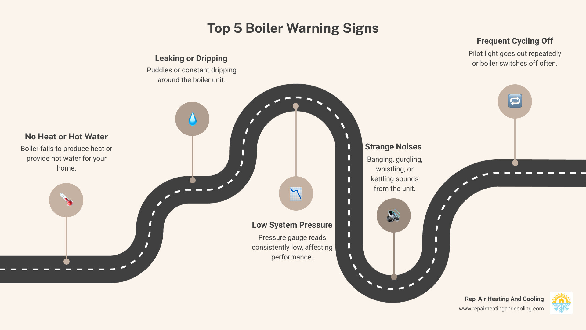 Infographic showing the top 5 signs a boiler needs immediate attention in Downtown Mission, BC: 1) No heat or hot water production, 2) Leaking or dripping water around the unit, 3) Low system pressure reading on the gauge, 4) Strange noises like banging or gurgling from the boiler or radiators, 5) Pilot light repeatedly going out or boiler switching off frequently - boiler repair in Downtown Mission, BC infographic roadmap-5-steps