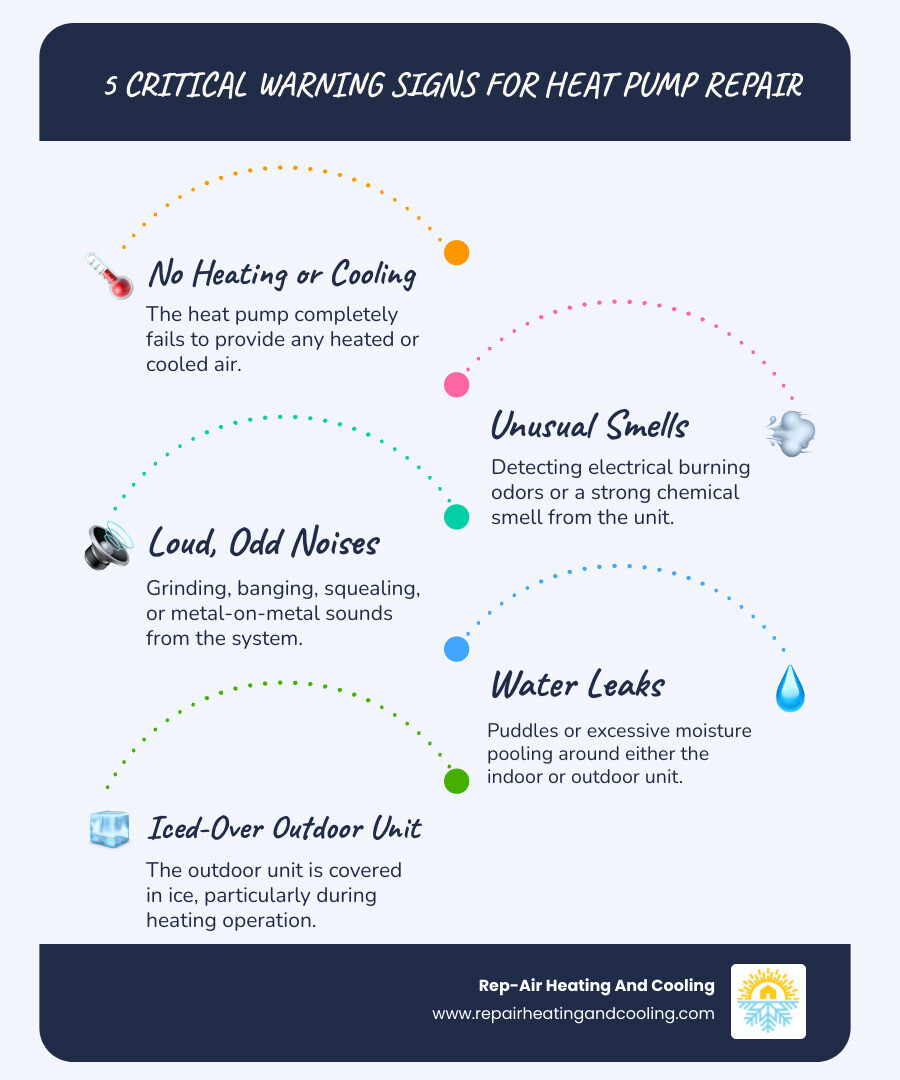 Infographic showing 5 critical warning signs for heat pump repair: 1) Complete loss of heating or cooling function 2) Strong electrical burning smell or smoke 3) Loud grinding, banging, or metal-on-metal sounds 4) Water pooling around indoor or outdoor units 5) Outdoor unit covered in ice during heating mode - same day heat pump repair in Langley, BC infographic infographic-line-5-steps-blues-accent_colors Infographic showing 5 critical warning signs for heat pump repair: 1) Complete loss of heating or cooling function 2) Strong electrical burning smell or smoke 3) Loud grinding, banging, or metal-on-metal sounds 4) Water pooling around indoor or outdoor units 5) Outdoor unit covered in ice during heating mode - same day heat pump repair in Langley, BC infographic infographic-line-5-steps-blues-accent_colors