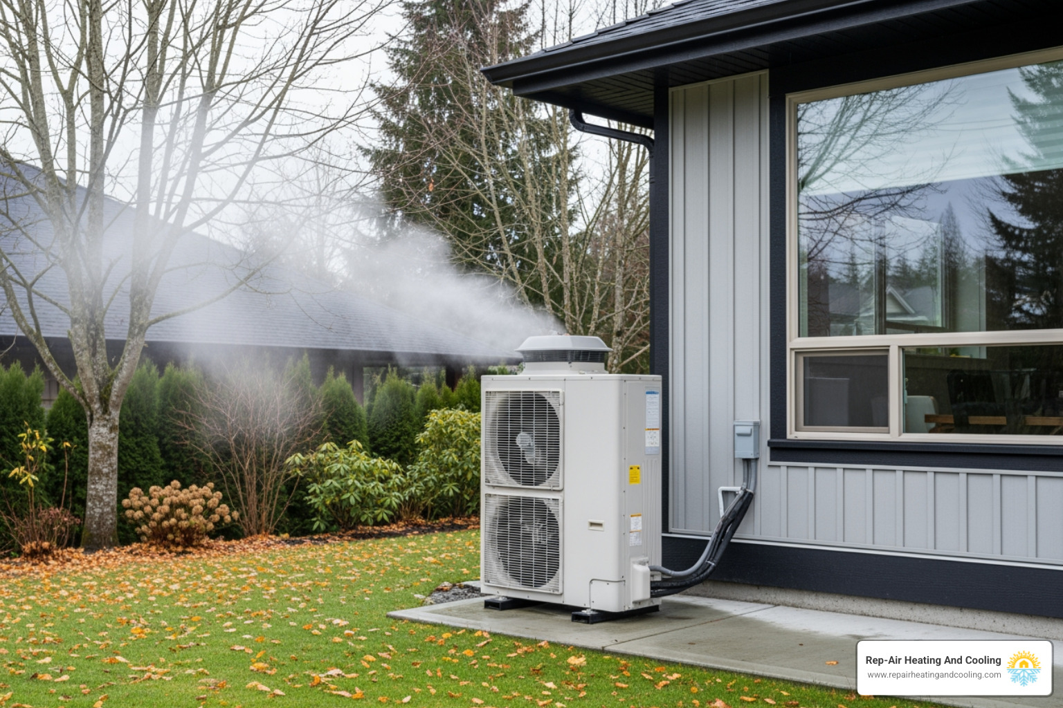 Infographic showing how a heat pump extracts heat from outdoor air and transfers it indoors through the refrigerant cycle, with common causes of cold air listed: low refrigerant, faulty reversing valve, frozen outdoor unit, clogged filter, and defrost mode - heat pump blowing cold air in Langley, BC