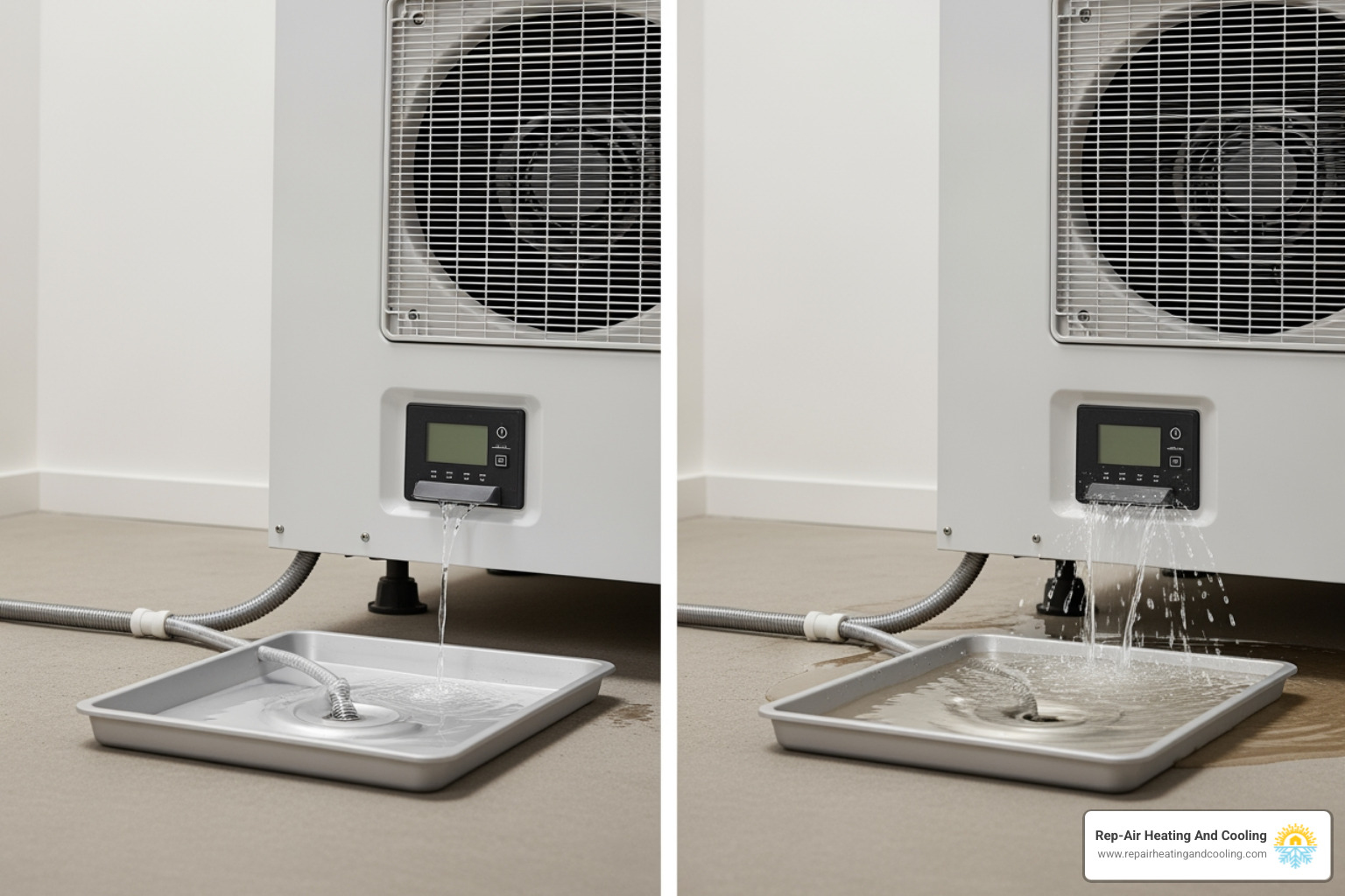Infographic explaining the difference between normal condensation and a problematic water leak from a heat pump - heat pump leaking water in langley, bc
