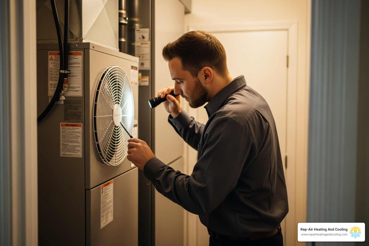 technician inspecting an indoor air handler - heat pump broken in abbotsford, bc