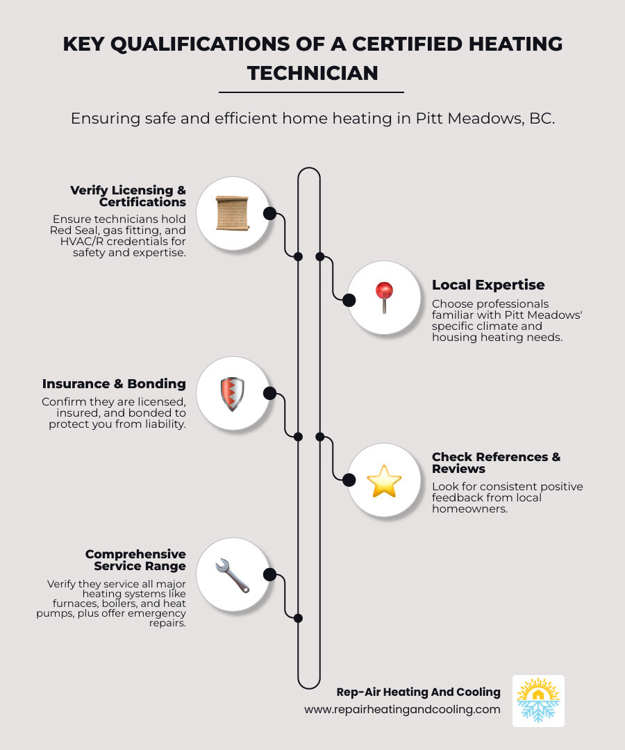 Infographic showing the key qualifications of a certified heating technician: Red Seal certification badge, gas fitting license, HVAC training credentials, insurance verification checkmark, and local experience in Pitt Meadows climate conditions - certified heating technician in pitt meadows, bc infographic infographic-line-5-steps-elegant_beige