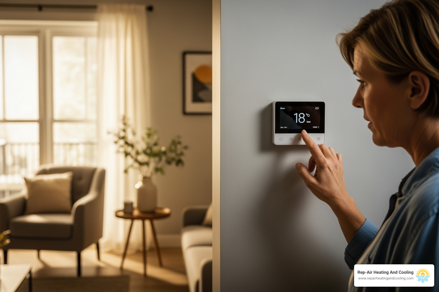 A homeowner looking at a thermostat with a concerned expression, indicating a heating issue - certified heating technician in pitt meadows, bc