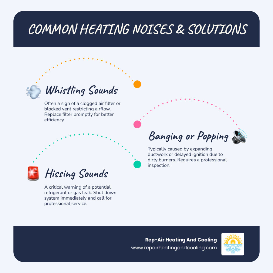 Infographic showing common heating system noises with illustrations of furnaces, boilers, and heat pumps, labeled with sound types (banging, whistling, grinding, hissing, kettling) and their most common causes (dirty burners, clogged filters, worn bearings, refrigerant leaks, limescale buildup) with color-coded urgency levels from green (DIY fix) to red (call professional immediately) - heating making noise in Langley, BC infographic infographic-line-3-steps-blues-accent_colors