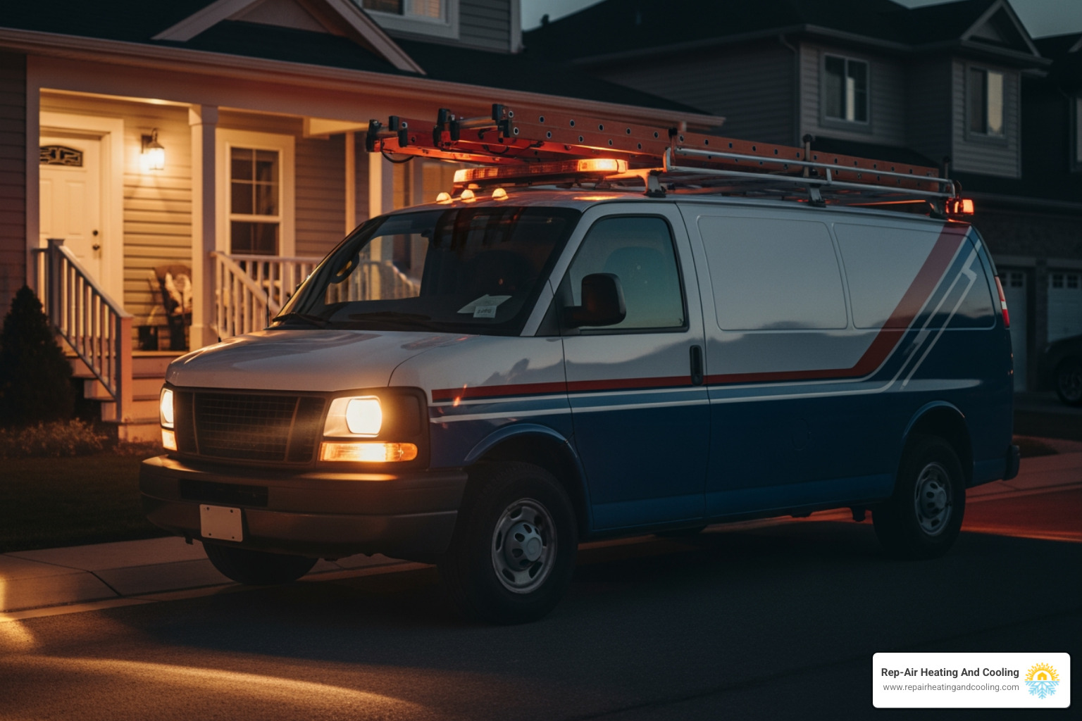 Well-marked professional service van arriving at a home at night - 24 hour heating service in fort langley, bc Well-marked professional service van arriving at a home at night - 24 hour heating service in fort langley, bc
