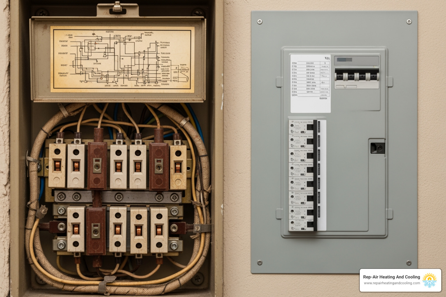 an outdated fuse box contrasted with a new, modern breaker panel - electrician pitt meadows bc