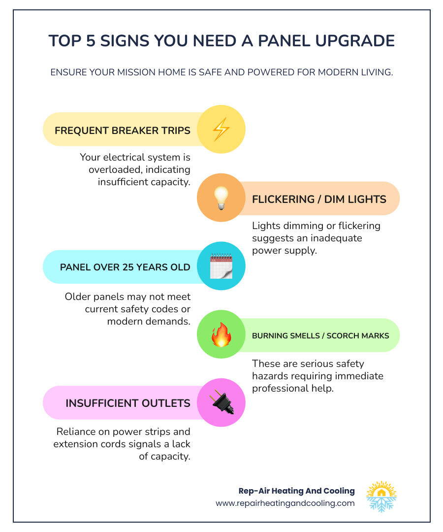 infographic showing top 5 signs you need a panel upgrade: 1. breakers tripping frequently with icon of circuit breaker, 2. flickering or dimming lights with lightbulb icon, 3. panel over 25 years old with calendar icon, 4. burning smell or scorch marks with warning icon, 5. insufficient outlets requiring power strips with outlet icon - panel upgrade mission bc infographic infographic-line-5-steps-colors infographic showing top 5 signs you need a panel upgrade: 1. breakers tripping frequently with icon of circuit breaker, 2. flickering or dimming lights with lightbulb icon, 3. panel over 25 years old with calendar icon, 4. burning smell or scorch marks with warning icon, 5. insufficient outlets requiring power strips with outlet icon - panel upgrade mission bc infographic infographic-line-5-steps-colors