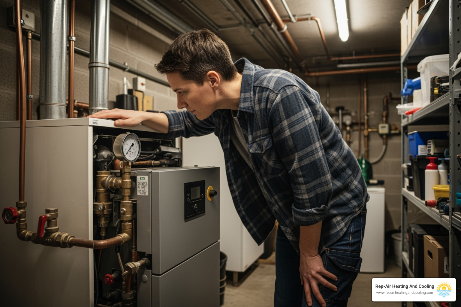 homeowner checking the pressure gauge on their boiler - boiler making noise in mission, bc homeowner checking the pressure gauge on their boiler - boiler making noise in mission, bc