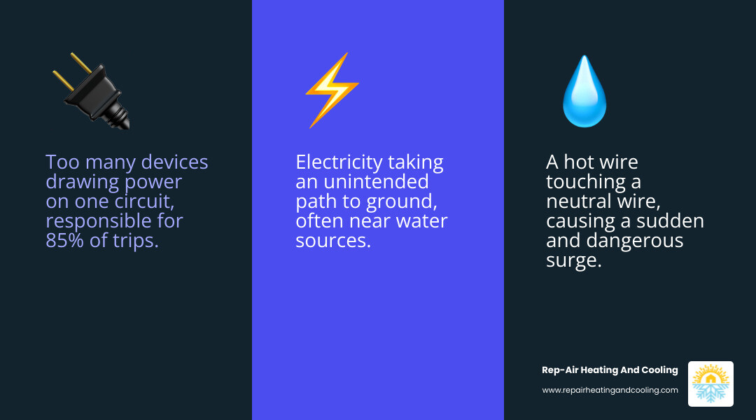 Infographic showing three columns: Circuit Overload with multiple plugged devices icon, Short Circuit with crossed wires and spark icon, and Ground Fault with water droplet near outlet icon, each labeled with symptoms and risk levels - breaker keeps tripping mission bc infographic 3_facts_emoji_blue Infographic showing three columns: Circuit Overload with multiple plugged devices icon, Short Circuit with crossed wires and spark icon, and Ground Fault with water droplet near outlet icon, each labeled with symptoms and risk levels - breaker keeps tripping mission bc infographic 3_facts_emoji_blue
