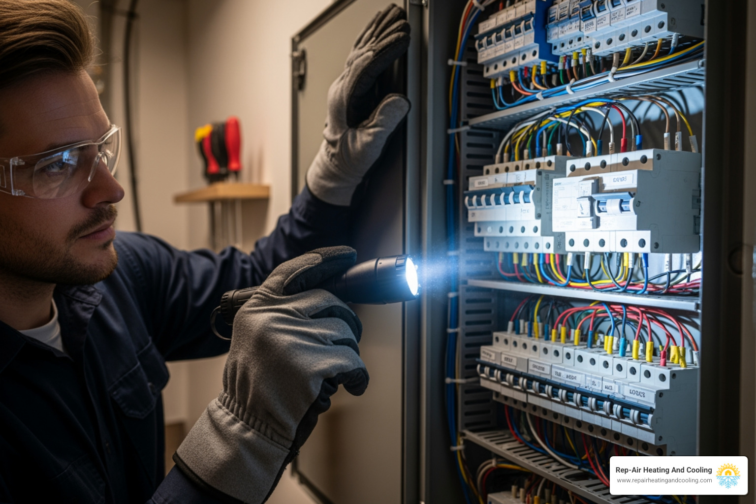 An electrician wearing safety gear, shining a flashlight into an open electrical panel, inspecting wiring and breakers - breaker keeps tripping mission bc An electrician wearing safety gear, shining a flashlight into an open electrical panel, inspecting wiring and breakers - breaker keeps tripping mission bc